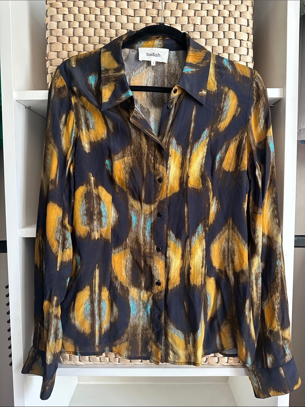 ba&sh Teya yellow and blue button front blouse.